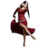 YuanDian Donna Pizzo Danza del Ventre Abiti Diviso Alta Maniche Lunghe Prospettiva Elegante Tribale Orientale Belly Dance Araba Costume Vestiti (Senza Catena della Vita) Vino Rosso