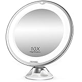 BEAUTURAL Specchio per Trucco Makeup con Ingrandimento 10X e Luce LED, Specchio Cosmetico Giunto Sferico Orientabile e Ventosa, a Batterie
