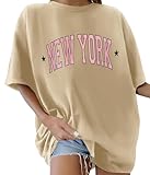 Lonya T-Shirt Donna Girocollo in 100% Cotone Magliette Manica Corta con Spalle Larghe Maglia Estiva Causale Oversize Maglietta Tee Tops con Stampa, Albicocca+New York, M