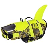Queenmore Dog Life Jacket, Dog Life Vest for Swimming, Dog Shark Life Jacket with Rescue Handle,Adjustable Reflective Dog Life Preserver for Large Dog,Camouflage XL