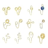 Newhashiqi Orecchini, 9 pezzi, 12 pezzi in lega finto naso anello retro clip on design finto perla non piercing naso clip per donne, Metallo,