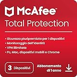McAfee Total Protection 2023 | 3 dispositivi | Software antivirus per la sicurezza in Internet | VPN Illimitata | Abbonamento di 1 anno | Codice d attivazione via email