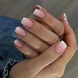 MouYou 24 pezzi Press on Nails corto, quadrato nude rosa sfumato bianco finto unghie finte con colla per unghie, unghie finte rettangolari rosa gradiente bianco acrilico