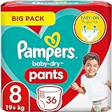 Pampers Baby-Dry Pants taglia 8, 36 pezzi, 19 kg +, facili da indossare con vestibilità ideale