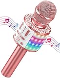 Microfono Karaoke Bluetooth, Microfoni Karaoke Wireless con LED Flash, Portatile Karaoke Player Bambini, Altoparlante, Cambia Voce, per KTV/Casa/Festa/Canto, Compatibile con Android/iOS (Oro rosa)