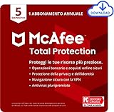 McAfee Total Protection 2022 | 5 dispositivi | Software antivirus e di sicurezza Internet | Include VPN, gestore delle password | PC/Mac/Android/iOS | Abbonamento di 1 anno | Codice di download
