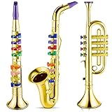 Herdear Set di 3 Strumenti Musicali Sassofono Giocattolo per Bambini Tromba e Clarinetto Giocattolo con 8 Chiavi Codificate Colorate Insegnare Canzoni per Bambini Piccoli (Oro)