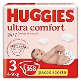 Huggies Pannolini Ultra Comfort, Taglia 3 (4-9 Kg), Confezione da 168 Pannolini (56x3)