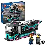 LEGO City Auto da Corsa e Trasportatore, Macchina e Camion Giocattolo per Bambini e Bambine da 6 Anni, Veicolo da Costruire con Rampa Funzionante, Minifigure del Pilota e del Camionista 60406
