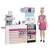 Barbie- Playset La Caffetteria, con Bambola Curvy Bionda, Macchina per Caffè, Bancone e Oltre 20 Accessori, Giocattolo per Bambini 3+Anni, GMW03