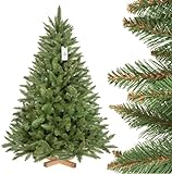 FairyTrees Albero di Natale Artificiale 150cm Abete Rosso/Peccio Naturale con Supporto in Legno | Abete di Natale Artificiale con Tronco Verde | Facile da Montare | Prodotto in EU