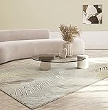 the carpet Mila moderno tappeto soggiorno, elegante tappeto lucido a pelo corto soggiorno in crema con motivo piume oro argento, tappeto, 160 x 230 cm