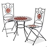BAKAJI Set Tavolo Tavolino 60 x 70 cm + 2 Sedie Pieghevoli con Decorazione Mosaico Arredo Esterno Giardino Terrazzo Struttura in Metallo Colore Nero Decoro in Terracotta Bianco e Rosso