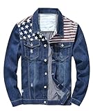 Idopy Giacca di jeans da uomo con bandiera americana americana strappata, Blu, S