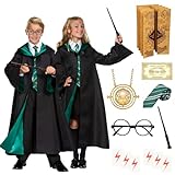 Costume Cosplay di Wizard, Costume da Harry per Bambini con veste da Mago composto da bacchetta magica mantello occhiali collana, Costume da Mago Harry per Bambini Halloween Carnevale Cosplay Festa