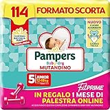 Pampers Baby Dry Mutandino & Fit Prime Junior, Formato Scorta, 114 Pannolini, Taglia 5 (12-18 Kg), 1 mese di palestra online in Omaggio
