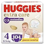 Huggies Extra Care, Pannolini Taglia 4 (9-14 kg), Mutandina traspirante, Pacco Scorta, 104 Pz