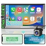 [Upgrade] Wireless Autoradio 2 Din with Carplay,Android Auto,Bluetooth Hands-Free,Voice Control,Mirror Link,Media Receiver,HD Touchscreen 7 Inches,Reversing Camera,A/FM/USB/Type-C,GPS,SWC,Car Radio