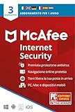 McAfee Internet Security 2022 | 3 dispositivi | Software antivirus e di sicurezza Internet | Windows/Mac/Android/iOS | Abbonamento di 1 anno | Via posta