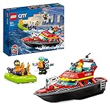 LEGO City Fire Barca di Soccorso Antincendio dei Vigili del Fuoco, Nave Giocattolo Galleggiante con Gommone di Salvataggio e Minifigure 60373