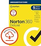 Norton 360 Deluxe 2024, Antivirus per 5 dispositivi, Licenza di 15 mesi, PC, Mac, tablet e smartphone, Codice d attivazione via email