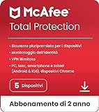 McAfee Total Protection 2024, 5 dispositivi, Antivirus, VPN, gestore password, Internet Security e dispositivi mobili,PC/Mac/iOS/Android, Abbonamento di 2 anni,Codice di attivazione via e-mail