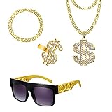 Set di 4 Collana con dollaro in oro Anello Bracciale Occhiali dorati per uomo - Accessori per rapper e per costumi da magnaccia