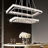 Lampadario di cristallo rettangolare, moderna lampada a sospensione a LED regolabile in altezza (50 cm-120 cm), lampadario di cristallo a 2 anelli per sala da pranzo e soggiorno (luce variabile)