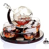 Kemstood Set di Decanter whisky personalizzato a forma di globo con base in legno (850 ml), per liquori, bourbon, vodka, in confezione regalo di alta qualità, Accessori da bar per uomo