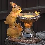 GloBrite Vasca solare per uccelli a forma di coniglio per giardino, ornamenti da giardino, statua da giardino, regali da giardino, scultura in resina impermeabile con luci solari, ornamento da