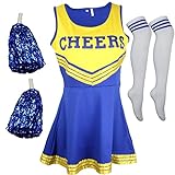 Cherry-on-Top Costume da cheerleader da donna, vestito da cheeleading con uniforme musicale con calzini e pompon abbinati, blu e giallo, S