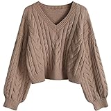 HJGTTTTBN Maglie a Manica Lunga da Donna Sweaters Women Lovely Pullover Popular Clothes Twist Vintage V-Neck Solid all-Match Fall Daily College Cropped Knitwear (Color : Khaki, Size : One Size)
