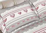 il dolce stile della tua casa - completo calde lenzuola invernali matrimoniali FLANELLA ANTIPILLING puro cotone stampa CUORE SHABBY (rosso)