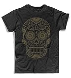 Amazink T-Shirt Uomo Nera Teschio Messicano - Mexican Skull - Outlines Tattoo
