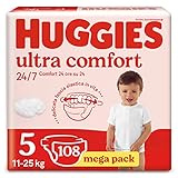 Huggies Pannolini Ultra Comfort, Taglia 5 (11-25 Kg), Confezione da 108 Pannolini