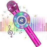 FISHOAKY Microfono Karaoke Bluetooth, 4 in 1 Wireless Microfono Bambini con LED Lampada Flash, Portatile Karaoke Player con Altoparlante per Cantare,Compatibile con Android/iOS Smartphone e PC