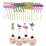 OSUWLSI 24 Pezzi Flamingo Cake Toppers Hawaiane Decorazione Torta Compleanno Fenicottero Cake Topper Decorazioni Torte per Tropical Hawaiian Luau Beach Matrimonio Compleanno Forniture per Feste a Tema