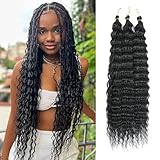 Herkeymidy Ocean Wave Crochet Hair 3 Packs 22 Inch Deep Wave Wavy Braiding Hair Crochet Synthetic Braids Hair Extension For Black Women (1B)