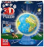 Ravensburger - 3D Puzzle Globo Night Edition con Luce, Impara la Geografia in Inglese, 180 Pezzi, 6+ Anni