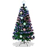GOPLUS Albero di Natale Verde PVC con Stella di Natale e Luci Colorati a Fibre Ottiche Cambiamento Automatico, Supporto in Metallo, Altezza 120-210cm (210)