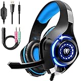 Cuffie Gaming, Cuffie Gaming con Microfono Noise Cancelling, Stereo Bass Deep, Cuscinetti Auricolari Proteici, per PS4 PS5 PC Xbox One Mac Switch, Blu