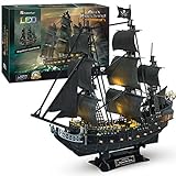 CubicFun Puzzle 3D LED 68 CM Black Pearl - Modello di barca della Queen Anne s Revenge, regalo di compleanno per adulti, 340 pezzi