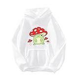 2023 Nuovo - Donna Cute Frog Felpa Kawaii Funghi Felpa con cappuccio per ragazze adolescenti Vestiti con cappuccio Felpe leggere per donne, bianco, M