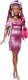 Barbie - Fun & Fancy Hair, bambola con lunghissimi capelli neri colorati e abito rosa luccicante, 10 accessori per il look e lo styling inclusi, giocattolo per bambini, 3+ anni, JDC86