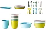 Ikea Kalas - Set di 6 ciotole, bicchiere, piatti e posate, per bambini, multicolore pastello