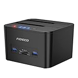 FIDECO Docking Station , Docking Station per Disco Rigido USB 3.0 per HDD o SSD SATA da 2,5 e 3,5 Pollici, Supporto Clone Offline, Lettore Di schede TF e SD e 2x Dischi Rigidi da 12 TB