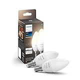 Philips Hue White, 2 Lampadine LED Smart, Bluetooh, Attacco E14, 5.5W, Dimmerabile, Luce Bianca Calda, 2 Pezzi, Bianco