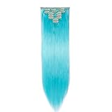 S-noilite Set 8pcs Clip in Hair Extensions Extension Clip Capelli Veri Testa Piena 18Clips Parrucchino 66cm Dritto Azzurro