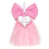 Crociedelizie, fiocco nascita bimba personalizzato in tulle rosa con ricamo nome ricamato elegante semplice coccarda fuori porta cuore