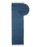 CarpetFine Tappeto a tessitura Kilim Chindi Uni passatoia blu 60x180 cm, tessuto a mano | Tappeto moderno reversibile in cotone per soggiorno e camera da letto con frange
